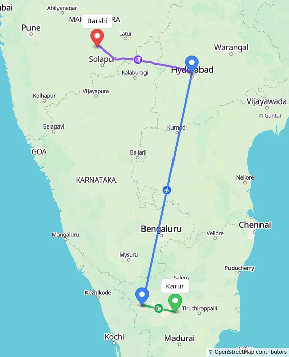 Route map showing distance and travel time from Karur, India to Barshi, India