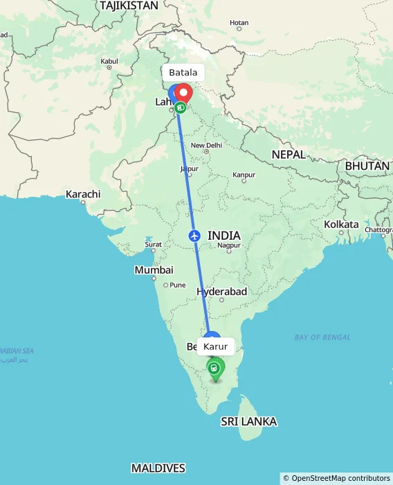 Route map showing distance and travel time from Karur, India to Batala, India