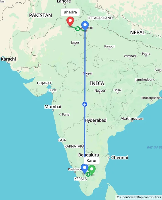 Route map showing distance and travel time from Karur, India to Bhadra, India