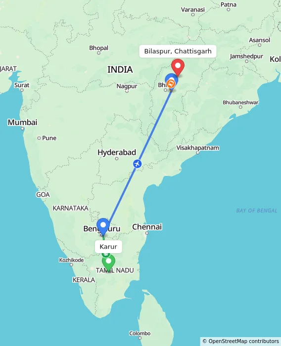 Route map showing distance and travel time from Karur, India to Bilaspur, Chattisgarh, India