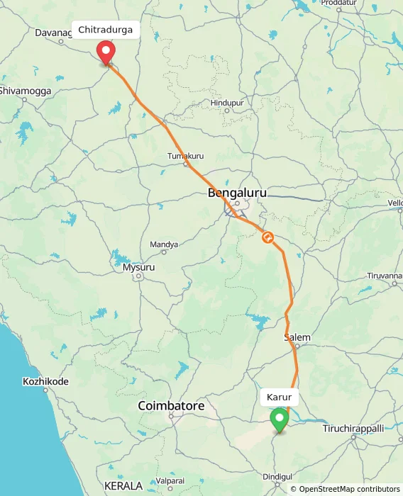 Route map showing distance and travel time from Karur, India to Chitradurga, India