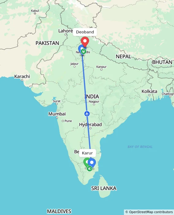 Route map showing distance and travel time from Karur, India to Deoband, India