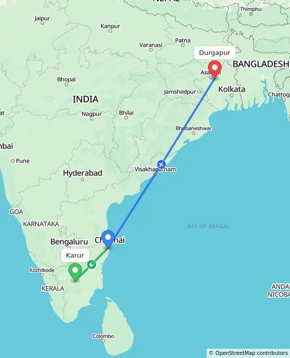 Route map showing distance and travel time from Karur, India to Durgapur, India