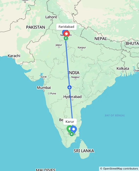 Route map showing distance and travel time from Karur, India to Faridabad, India