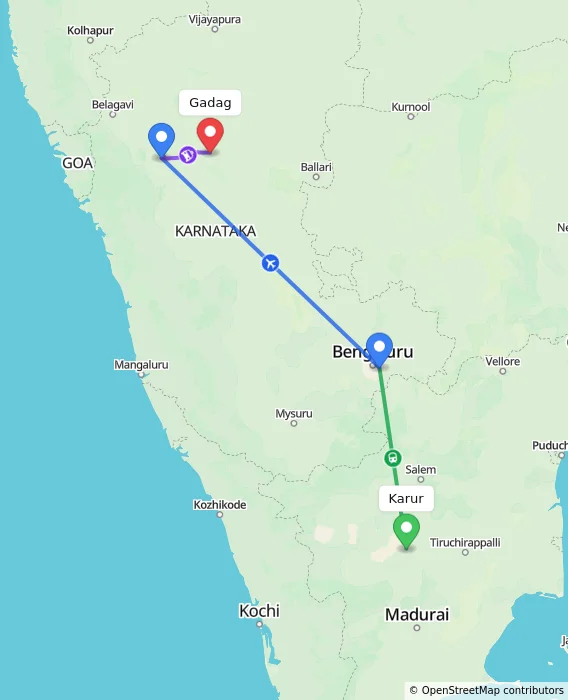 Route map showing distance and travel time from Karur, India to Gadag, India