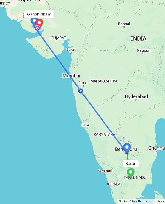 Route map showing distance and travel time from Karur, India to Gandhidham, India