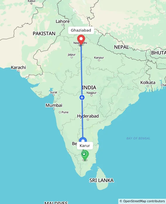 Route map showing distance and travel time from Karur, India to Ghaziabad, India