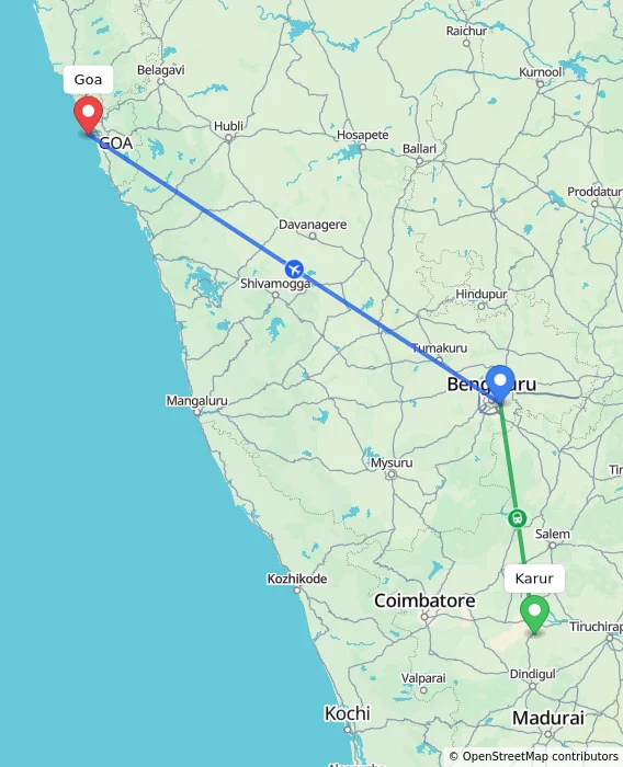 Route map showing distance and travel time from Karur, India to Goa, India