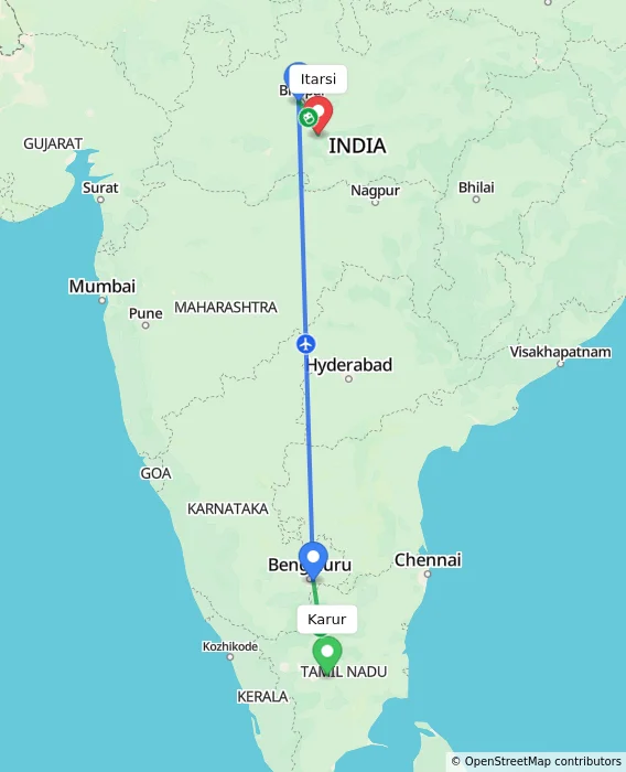 Route map showing distance and travel time from Karur, India to Itarsi, India