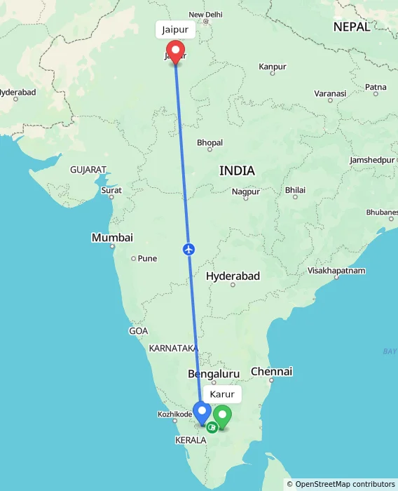 Route map showing distance and travel time from Karur, India to Jaipur, India