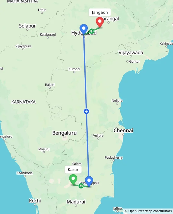 Route map showing distance and travel time from Karur, India to Jangaon, India
