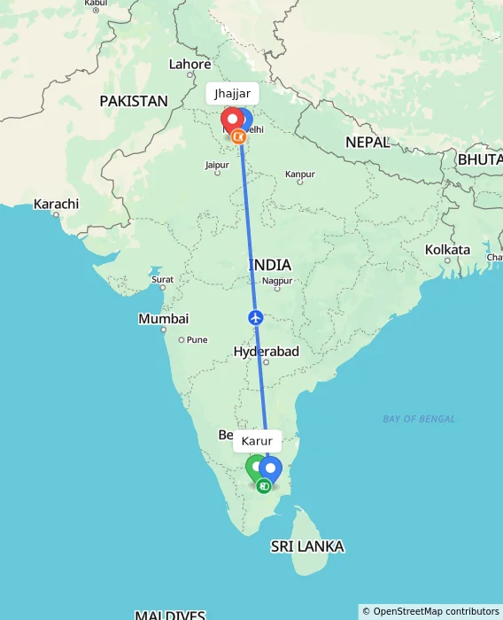Route map showing distance and travel time from Karur, India to Jhajjar, India