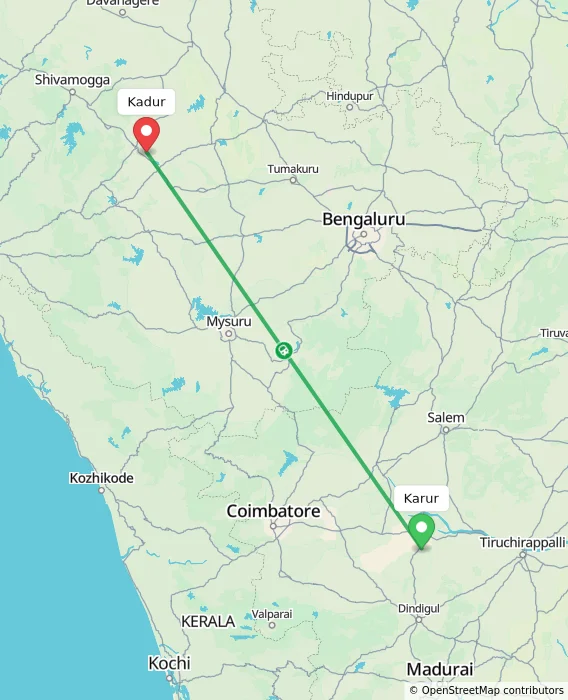 Route map showing distance and travel time from Karur, India to Kadur, India