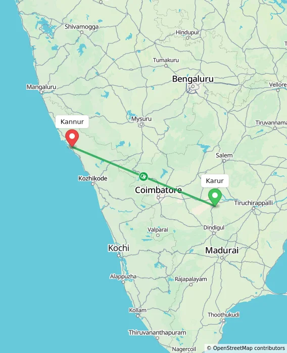 Route map showing distance and travel time from Karur, India to Kannur, India