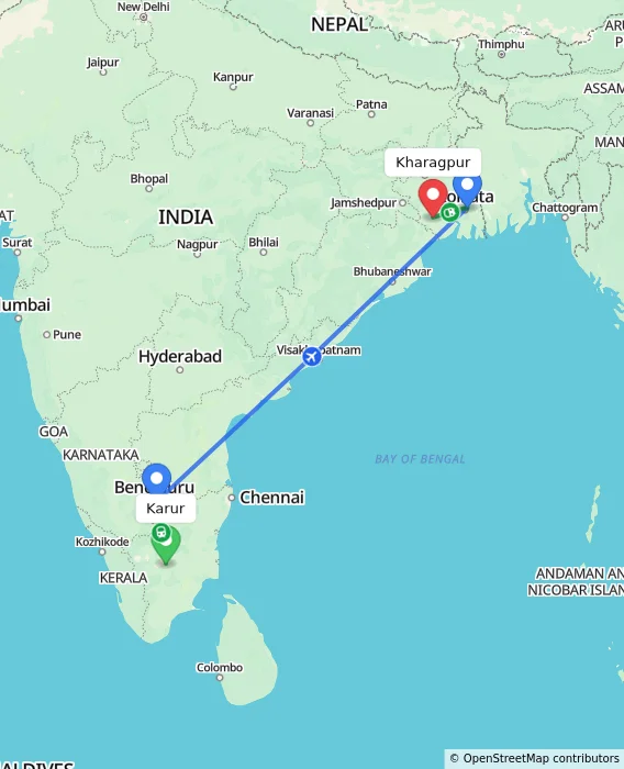 Route map showing distance and travel time from Karur, India to Kharagpur, India
