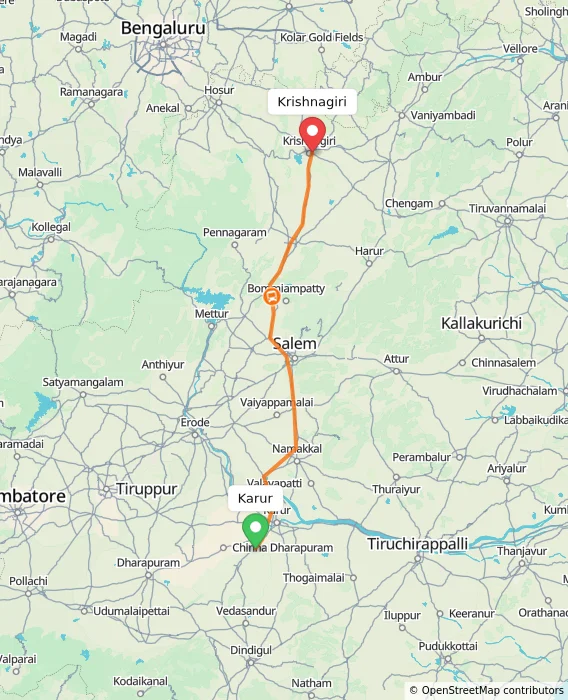 Route map showing distance and travel time from Karur, India to Krishnagiri, India
