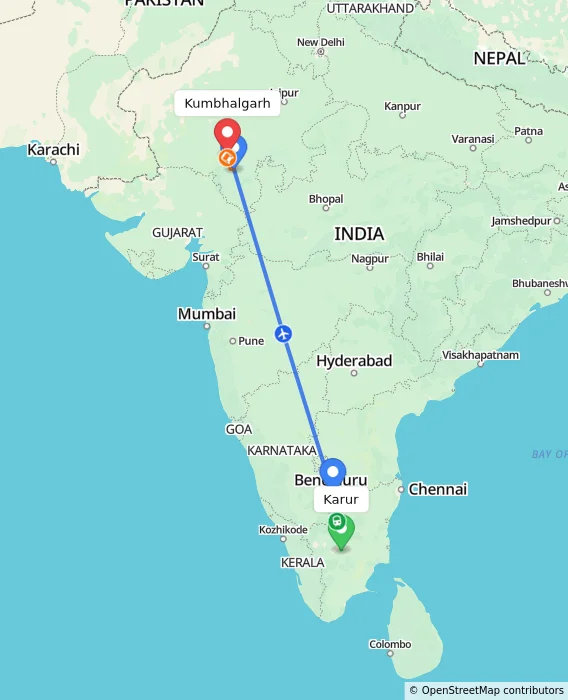 Route map showing distance and travel time from Karur, India to Kumbhalgarh, India