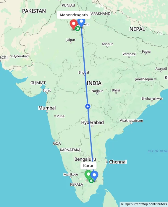 Route map showing distance and travel time from Karur, India to Mahendragarh, India