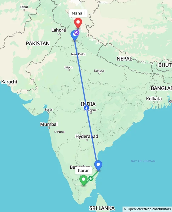 Route map showing distance and travel time from Karur, India to Manali, India