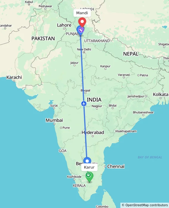 Route map showing distance and travel time from Karur, India to Mandi, India