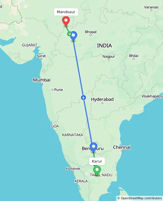 Route map showing distance and travel time from Karur, India to Mandsaur, India