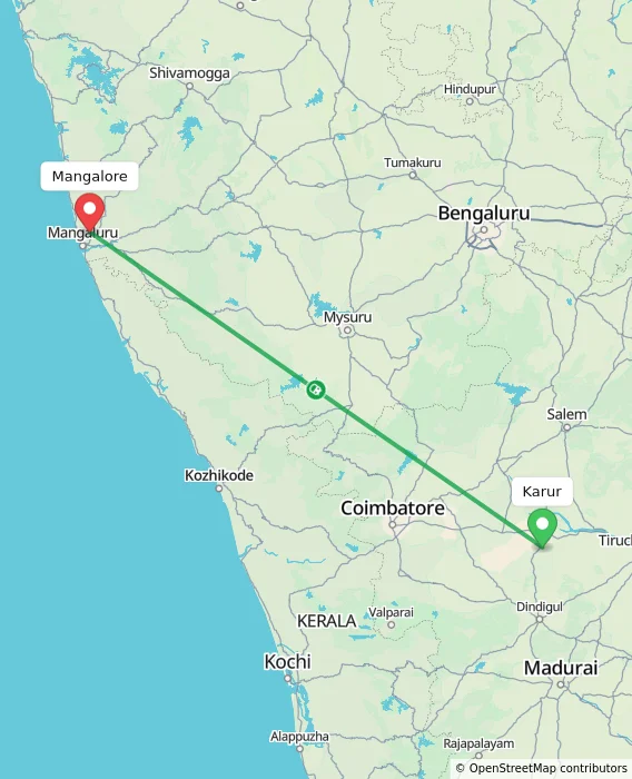 Route map showing distance and travel time from Karur, India to Mangalore, India
