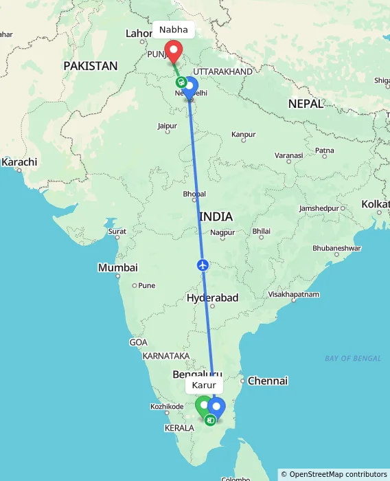 Route map showing distance and travel time from Karur, India to Nabha, India