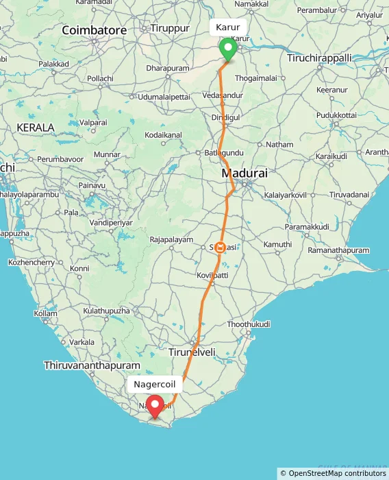 Route map showing distance and travel time from Karur, India to Nagercoil, India