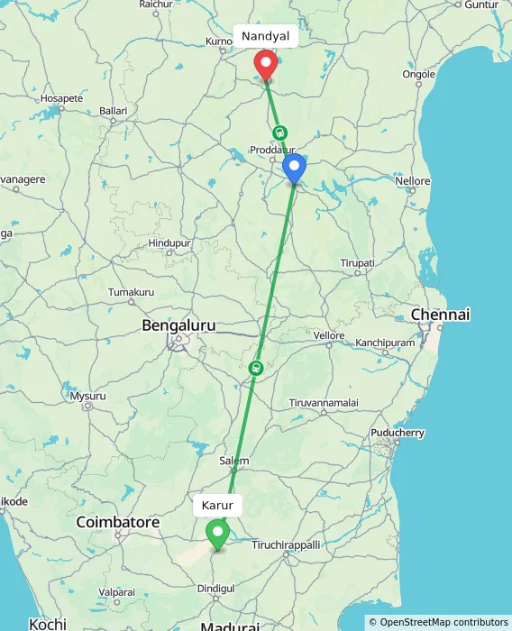 Route map showing distance and travel time from Karur, India to Nandyal, India