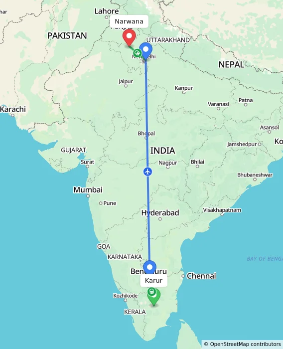 Route map showing distance and travel time from Karur, India to Narwana, India