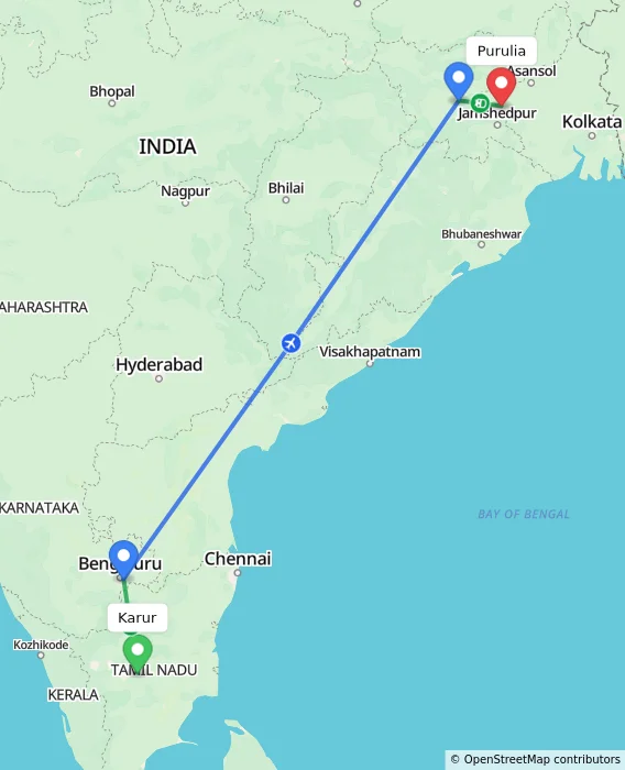 Route map showing distance and travel time from Karur, India to Purulia, India