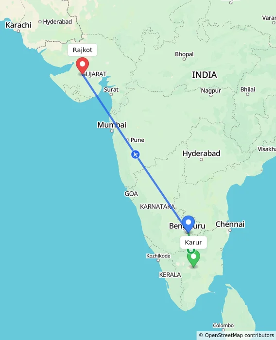 Route map showing distance and travel time from Karur, India to Rajkot, India