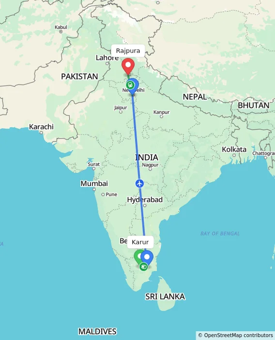 Route map showing distance and travel time from Karur, India to Rajpura, India