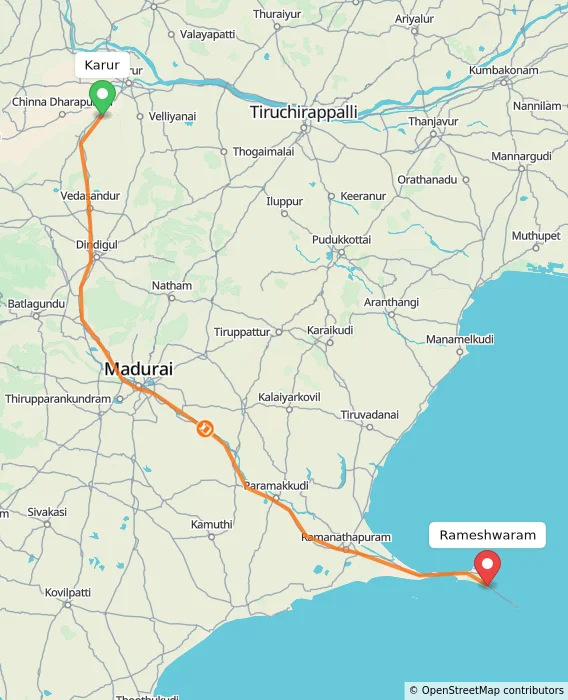 Route map showing distance and travel time from Karur, India to Rameshwaram, India