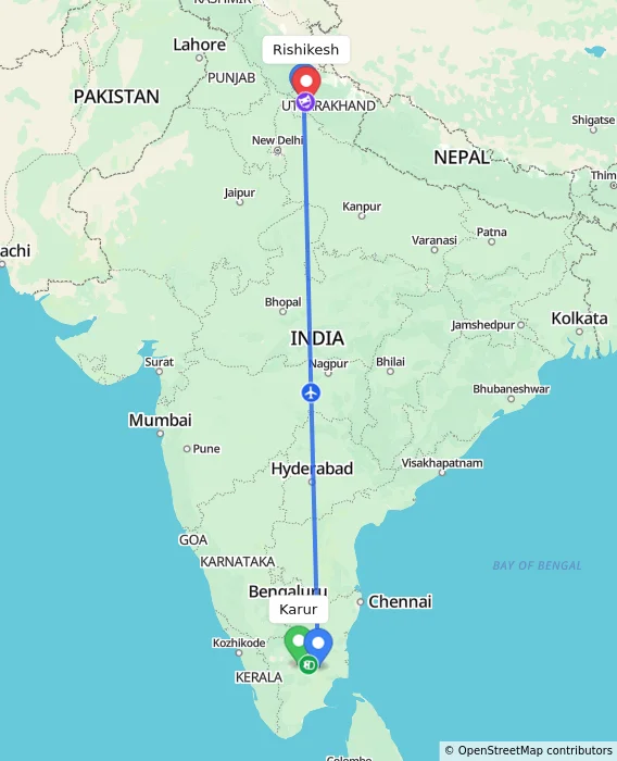Route map showing distance and travel time from Karur, India to Rishikesh, India
