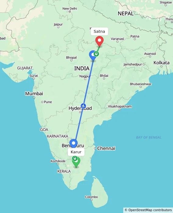 Route map showing distance and travel time from Karur, India to Satna, India