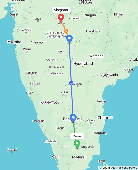 Route map showing distance and travel time from Karur, India to Shegaon, India