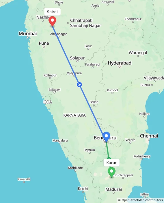 Route map showing distance and travel time from Karur, India to Shirdi, India