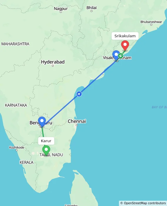 Route map showing distance and travel time from Karur, India to Srikakulam, India