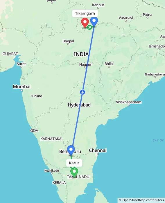 Route map showing distance and travel time from Karur, India to Tikamgarh, India