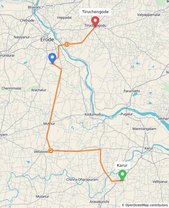 Route map showing distance and travel time from Karur, India to Tiruchengode, India