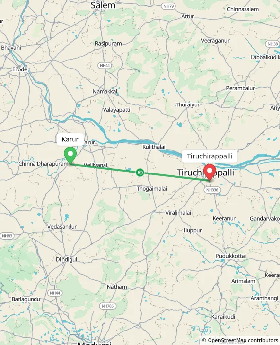 Route map showing distance and travel time from Karur, India to Tiruchirappalli, India