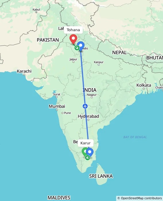 Route map showing distance and travel time from Karur, India to Tohana, India