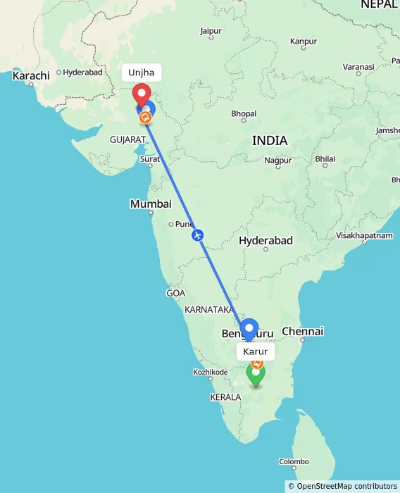 Route map showing distance and travel time from Karur, India to Unjha, India