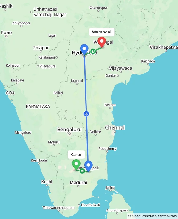 Route map showing distance and travel time from Karur, India to Warangal, India