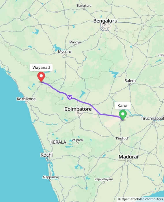 Route map showing distance and travel time from Karur, India to Wayanad, India