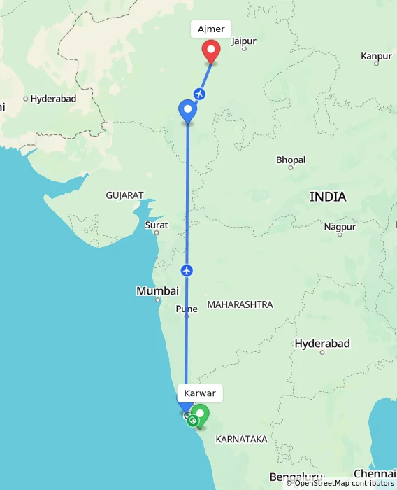 Route map showing distance and travel time from Karwar, India to Ajmer, India