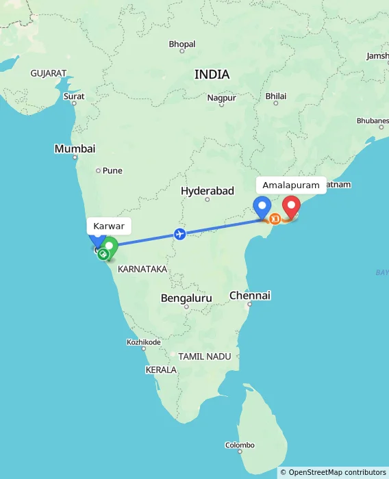 Route map showing distance and travel time from Karwar, India to Amalapuram, India