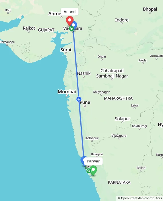 Route map showing distance and travel time from Karwar, India to Anand, India