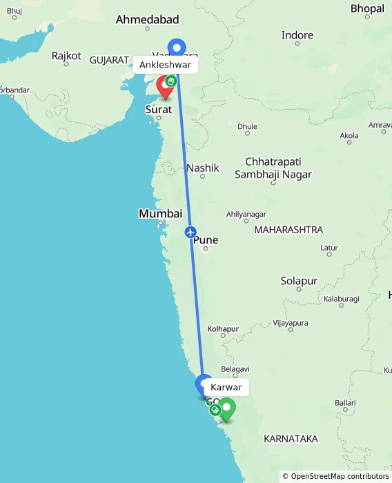 Route map showing distance and travel time from Karwar, India to Ankleshwar, India